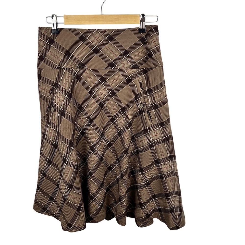 Brown Plaid Midi Skirt Size 8 Academia Teacher University Old Money Preppy Euro